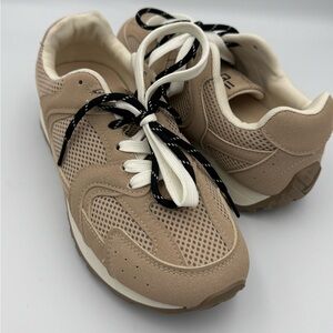 Seaside European Tan Taupe Beige Mesh Suede Double Laced Casual Sneakers Size 9‎